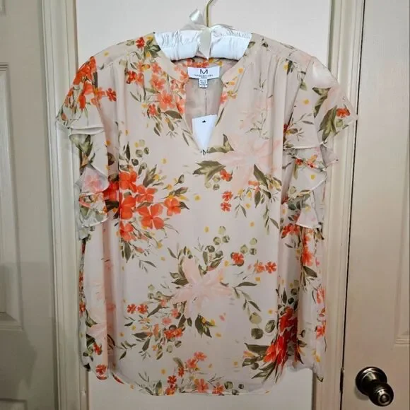 #360 MAGASCHONI- Floral Print Flutter Sleeve Blouse- Size:2X - Picture 1 of 6